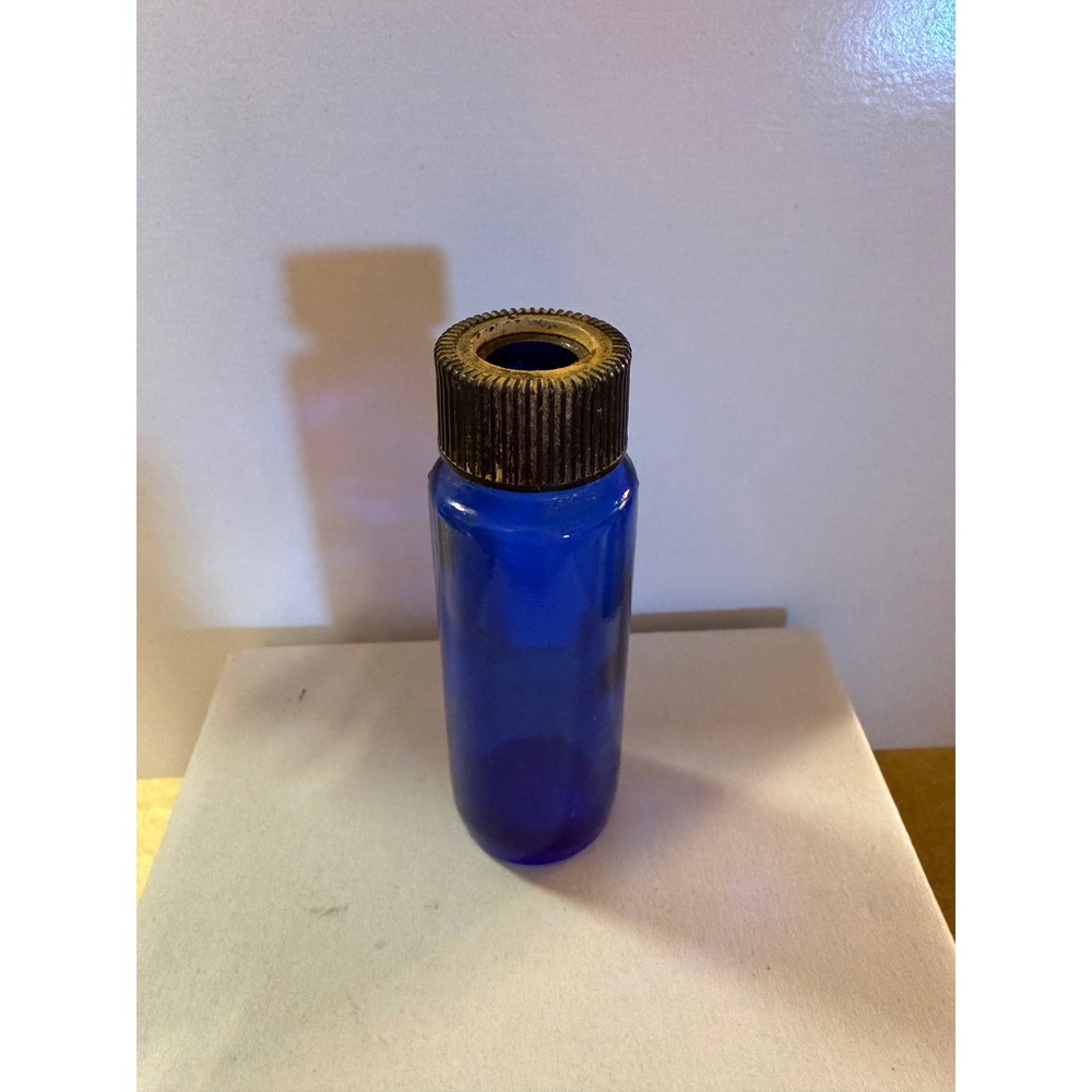 Vintage Cobalt Blue Glass Apothecary Bottle with Ribbed Black Cap 3.25 Inch
